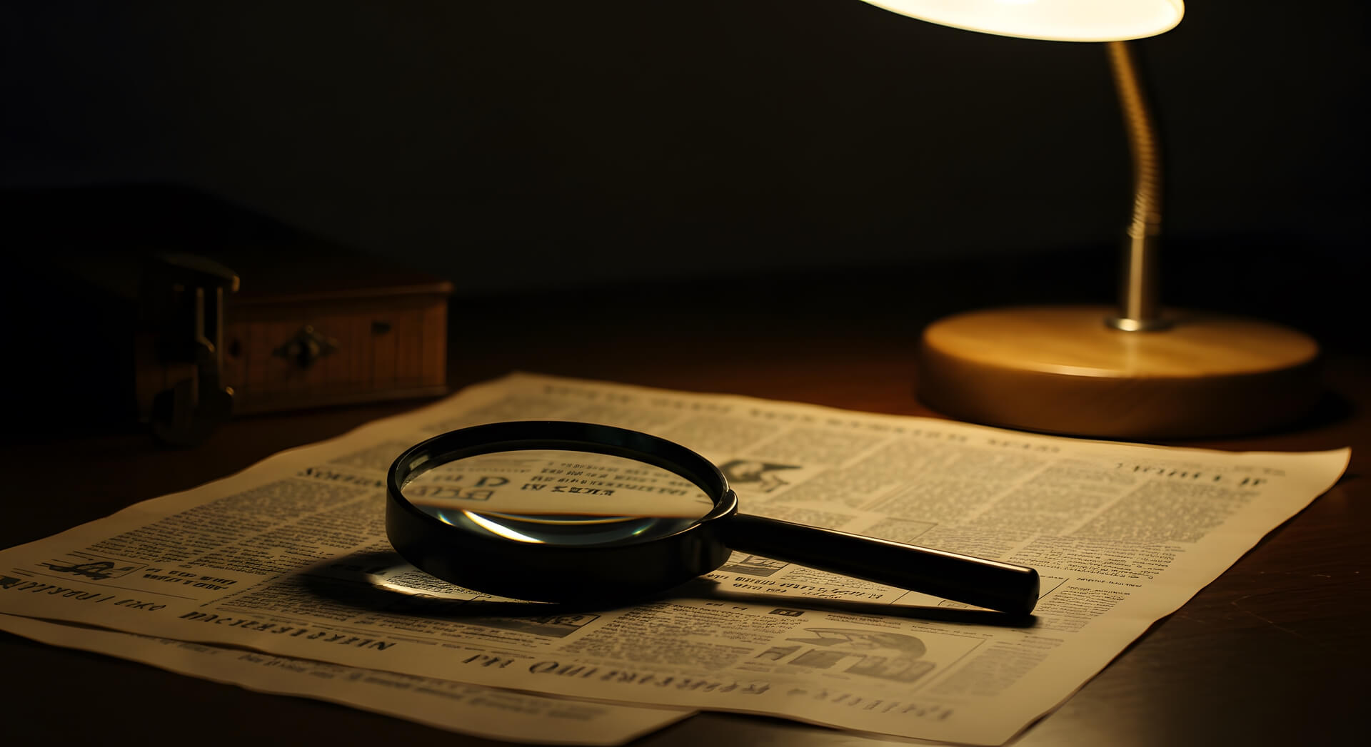 A magnifying glass resting on a newspaper on a wooden desk, lit by a warm desk lamp in a dark, quiet room.